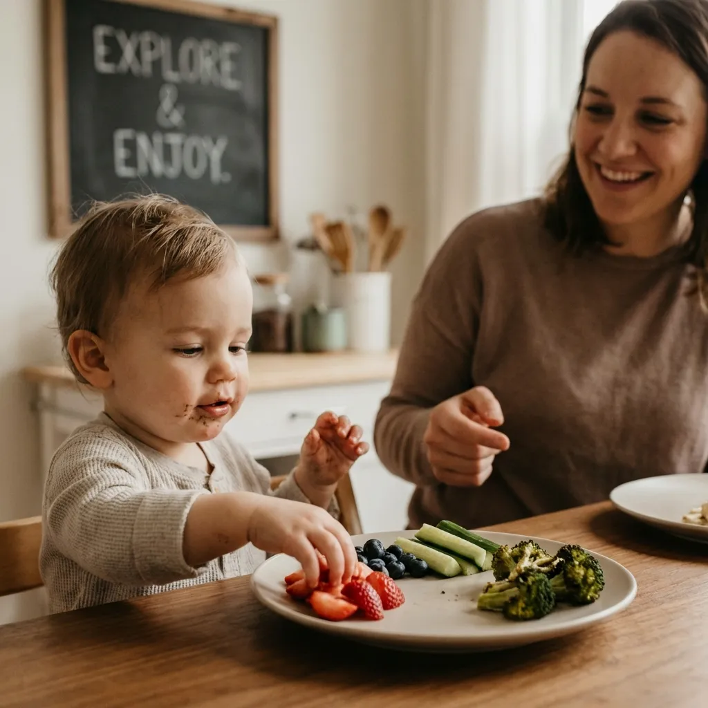 Child exploring new foods with sensory-friendly eating strategies