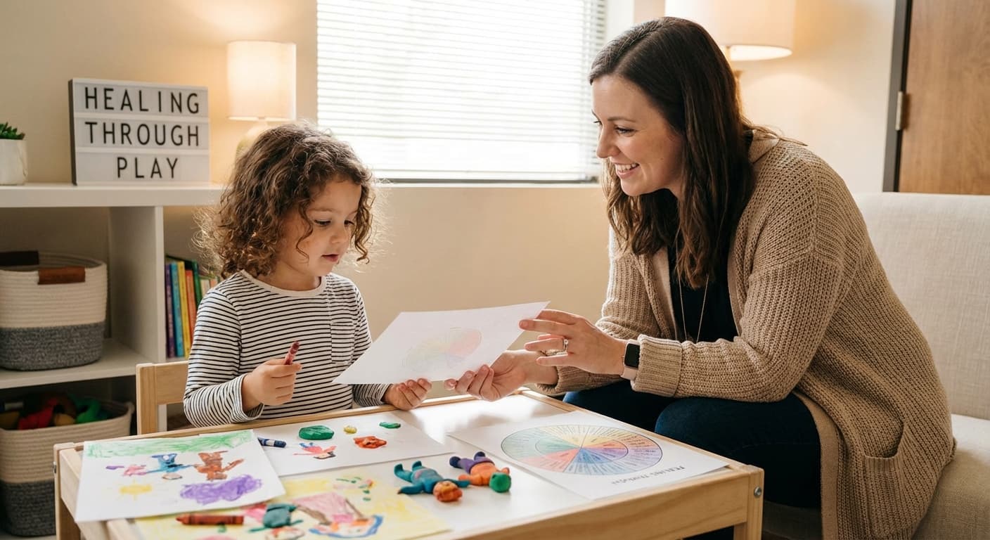 Child expressing emotions through art and play with therapist