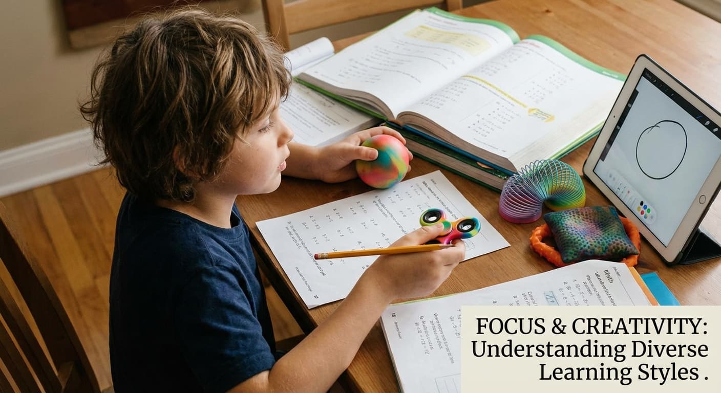 Child doing homework with fidget toys, representing focus and creativity