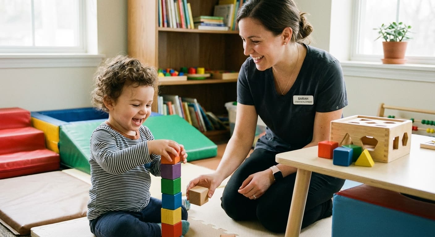 Therapist working with a young child on developmental skills